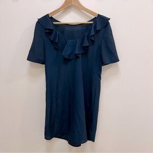 Tucker navy gauzy dress with ruffle neckline